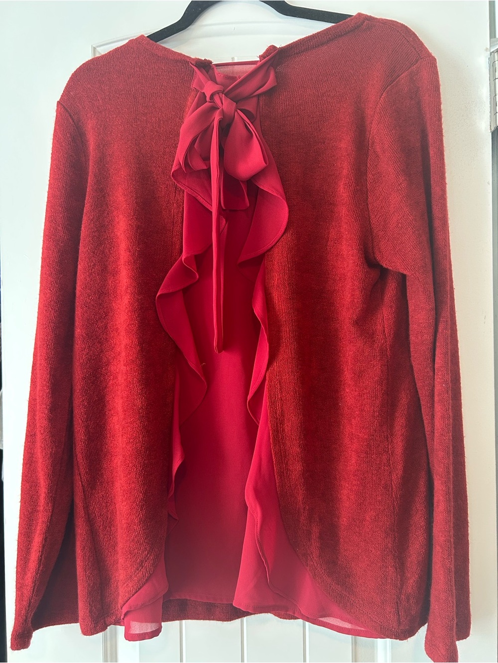 JODIFL Red Ruffle-Back Tie Detail Sweater